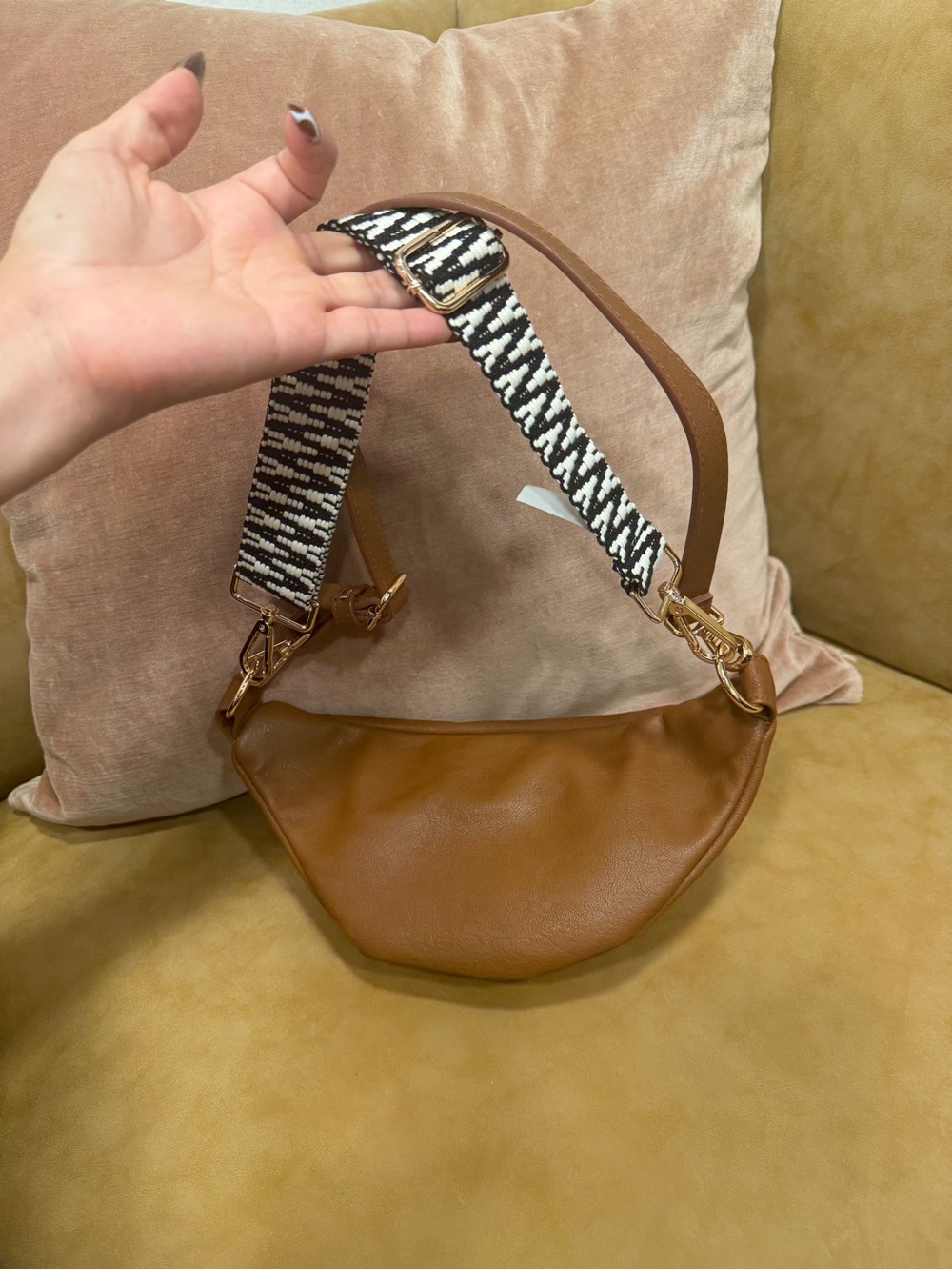 Tan Leather Crossbody Bag fanny pack with Patterned Strap